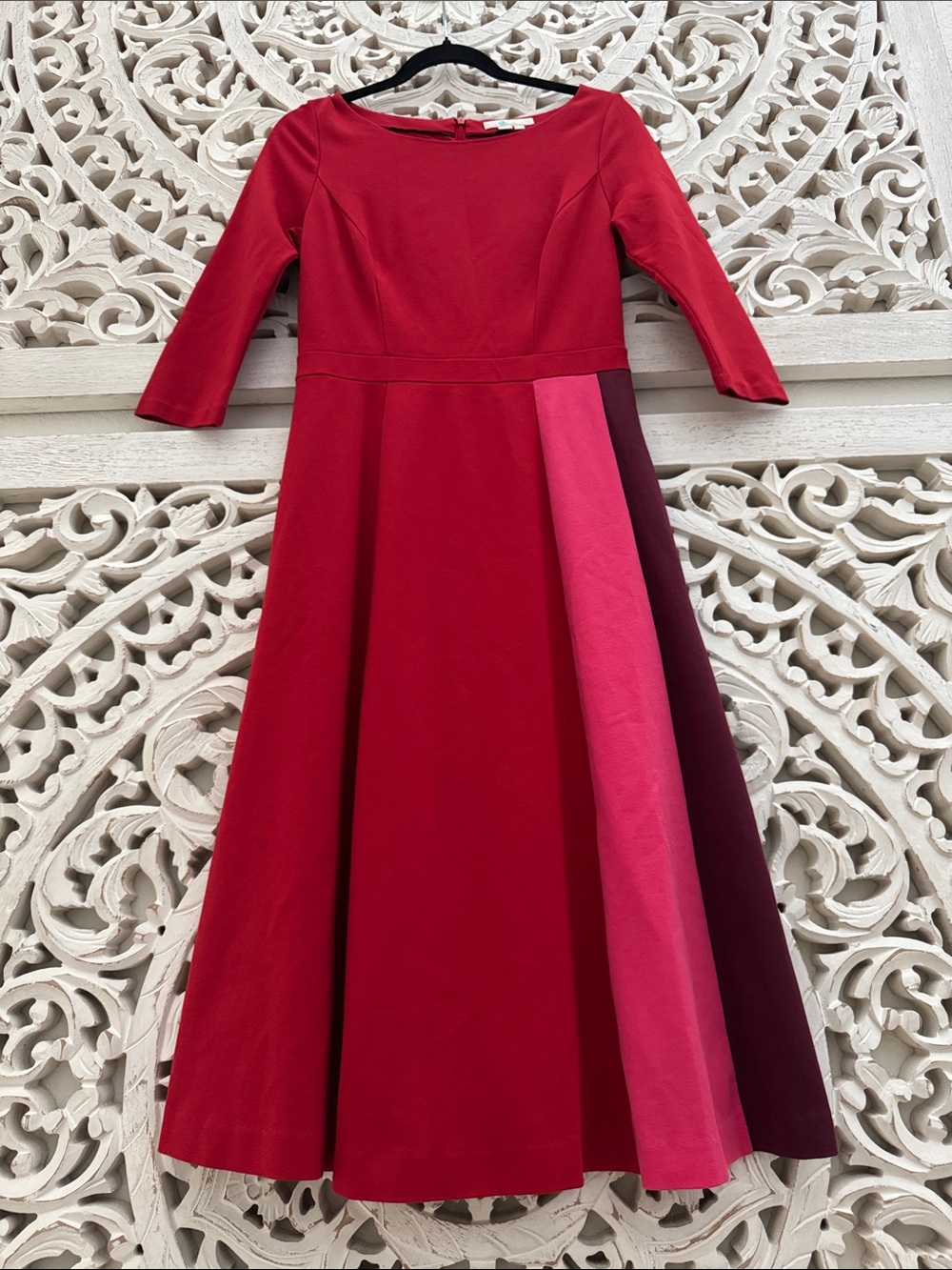 Boden Red Colorblock Fit-and-Flare Dress with Pink & Burgundy Panels